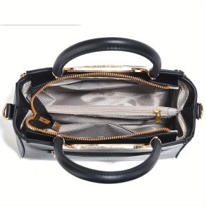 Elegant Top-Handle Satchel Bag for Women with Matching Wallet, Solid Elegant Faux Leather, Water-Resistant with Removable Strap, Polyester-Lined Interior, Classic Stripe Pattern, Zip Closure - Black