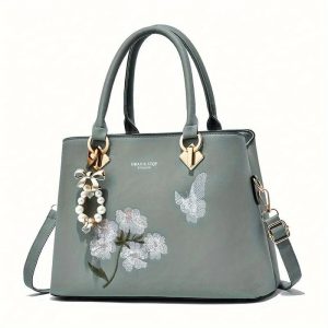 Elegant Embroidered Floral Women's Crossbody Bag - Fashionable Faux Leather Shoulder Purse with Zip Closure, Polyester Lined