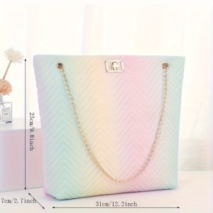 Women's Pastel Gradient Shoulder Bag, Fashion Sweet Striped Summer Purse With Twist Lock Chain