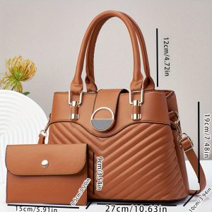 Elegant Striped Tote Bag for Women with Matching Wallet, Taizhou PU, Adjustable Strap, Zipper Closure, Polyester Lining, Edge Paint Detail - Stylish Large Capacity Shoulder and Crossbody Purse