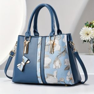 Chic Floral Print Tote Bag for Women - Spacious 3-Layer Design with Pockets, Zip Closure, Durable PU Material - Available in Khaki, Cream, Green, Blue, Black