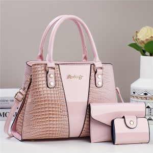 Women's Vintage Style Pink Croc-Embossed Handbag and Clutch Set - Large Capacity, Soft Faux Leather Tote and Pouch Combo with Zipper Closure