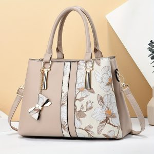 Chic Floral Print Tote Bag for Women - Spacious 3-Layer Design with Pockets, Zip Closure, Durable PU Material - Available in Khaki, Cream, Green, Blue, Black