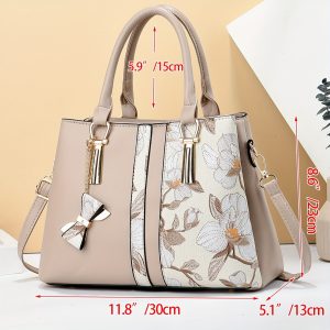 Chic Floral Print Tote Bag for Women - Spacious 3-Layer Design with Pockets, Zip Closure, Durable PU Material - Available in Khaki, Cream, Green, Blue, Black