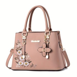 Luxurious Floral Embroidered Tote Handbag - Spacious PU Leather Shoulder Bag with Detachable Strap, Large Capacity, Stylish and Elegant Design for Women