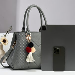 Elegant Women's Handbag Set - Chic Black Faux Leather Tote with Detachable Strap & Matching Wallet, Zip Closure