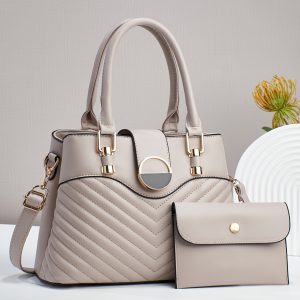 Elegant Striped Tote Bag for Women with Matching Wallet, Taizhou PU, Adjustable Strap, Zipper Closure, Polyester Lining, Edge Paint Detail - Stylish Large Capacity Shoulder and Crossbody Purse