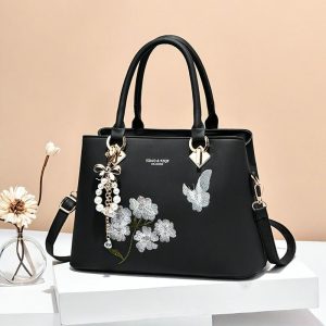 Elegant Embroidered Floral Women's Crossbody Bag - Fashionable Faux Leather Shoulder Purse with Zip Closure, Polyester Lined