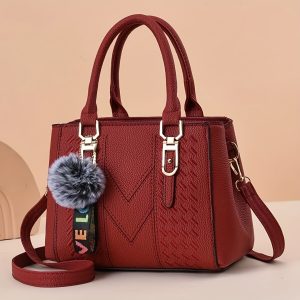 Elegant Pom-Pom Charm Tote Handbag - Multi-Layer Design, Embroidered Faux Leather, Shoulder & Crossbody Purse with Adjustable Strap, Stylish Date and Party Accessory - Perfect for Fashionistas