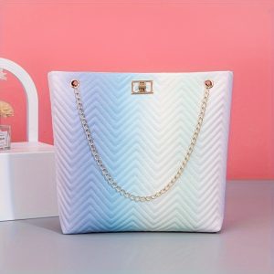 Women's Pastel Gradient Shoulder Bag, Fashion Sweet Striped Summer Purse With Twist Lock Chain