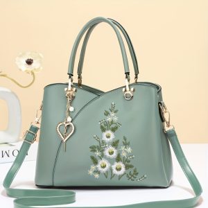 Fashion Heart Decor Crossbody Bag, Flower Embroidered Shoulder Bag, Women's Simple Casual Handbag & Purse