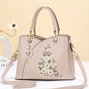 Fashion Heart Decor Crossbody Bag, Flower Embroidered Shoulder Bag, Women's Simple Casual Handbag & Purse