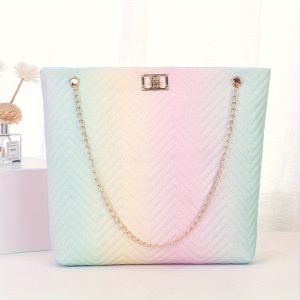 Women's Pastel Gradient Shoulder Bag, Fashion Sweet Striped Summer Purse With Twist Lock Chain