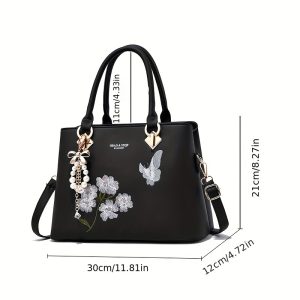 Elegant Embroidered Floral Women's Crossbody Bag - Fashionable Faux Leather Shoulder Purse with Zip Closure, Polyester Lined