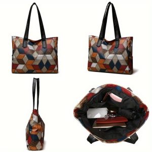 Chic Women's Large Capacity Tote Bag - Colorblock Plaid, Faux Leather with Zip Closure, Perfect for Daily Commute & Shopping