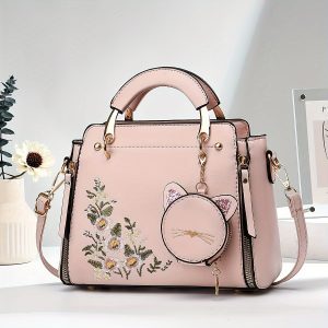 Glam Style Top-Handle Handbag for Women, Faux Leather Embroidered Floral Pattern, Elegant Occasion Bag with Zipper Closure, Polyester Lined, Edge Paint Detailed, Includes Wristlet Accessory – Diverse Colors