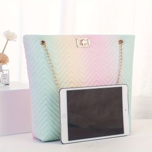 Women's Pastel Gradient Shoulder Bag, Fashion Sweet Striped Summer Purse With Twist Lock Chain