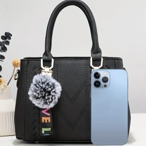 Elegant Pom-Pom Charm Tote Handbag - Multi-Layer Design, Embroidered Faux Leather, Shoulder & Crossbody Purse with Adjustable Strap, Stylish Date and Party Accessory - Perfect for Fashionistas