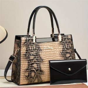 Chic Animal Print Women's Handbag Set - Faux Leather Tote with Adjustable Strap, Zip Closure & Matching Clutch in Multiple Colors, for Autumn, Spring