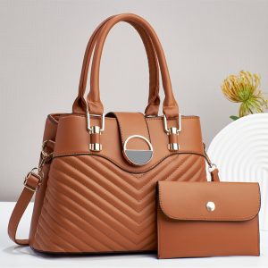 Elegant Striped Tote Bag for Women with Matching Wallet, Taizhou PU, Adjustable Strap, Zipper Closure, Polyester Lining, Edge Paint Detail - Stylish Large Capacity Shoulder and Crossbody Purse