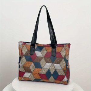 Chic Women's Large Capacity Tote Bag - Colorblock Plaid, Faux Leather with Zip Closure, Perfect for Daily Commute & Shopping