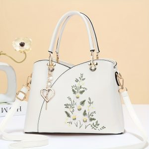 Fashion Heart Decor Crossbody Bag, Flower Embroidered Shoulder Bag, Women's Simple Casual Handbag & Purse