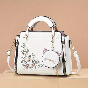 Glam Style Top-Handle Handbag for Women, Faux Leather Embroidered Floral Pattern, Elegant Occasion Bag with Zipper Closure, Polyester Lined, Edge Paint Detailed, Includes Wristlet Accessory – Diverse Colors