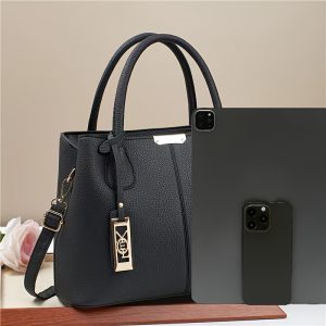 Chic Black Faux Leather Tote Bag - Spacious Shoulder & Crossbody Handbag with Fixed Strap, Zip Closure - Perfect Gift for Her