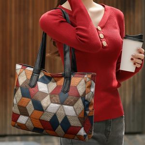 Chic Women's Large Capacity Tote Bag - Colorblock Plaid, Faux Leather with Zip Closure, Perfect for Daily Commute & Shopping