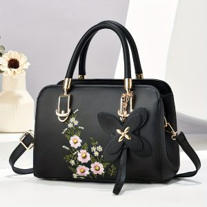 Chic Embroidered Floral Women's Handbag - Spacious Soft Faux Leather Crossbody Bag with Zip Closure, Available in Red/Green/Black