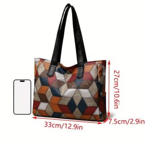 Chic Women's Large Capacity Tote Bag - Colorblock Plaid, Faux Leather with Zip Closure, Perfect for Daily Commute & Shopping