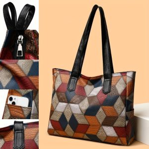 Chic Women's Large Capacity Tote Bag - Colorblock Plaid, Faux Leather with Zip Closure, Perfect for Daily Commute & Shopping