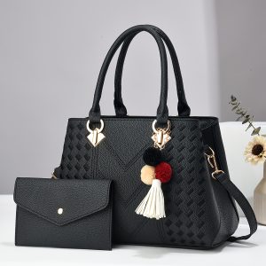 Elegant Women's Handbag Set - Chic Black Faux Leather Tote with Detachable Strap & Matching Wallet, Zip Closure