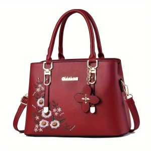 Luxurious Floral Embroidered Tote Handbag - Spacious PU Leather Shoulder Bag with Detachable Strap, Large Capacity, Stylish and Elegant Design for Women