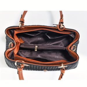 Elegant Women's Handbag - Chic Woven Pattern, Detachable Strap, Zip Closure, Black Faux Leather