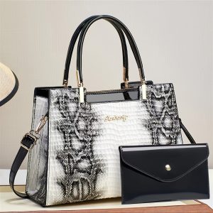 Chic Animal Print Women's Handbag Set - Faux Leather Tote with Adjustable Strap, Zip Closure & Matching Clutch in Multiple Colors, for Autumn, Spring