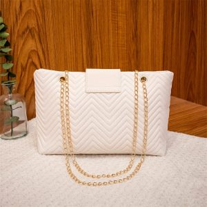 Elegant White PU Shoulder Bag with Detachable Chain Strap, Quilted Pattern, Magnetic Closure, Lightweight, Hand Washable, Polyester Lined - Versatile Daily Carry Cosmetic Bag