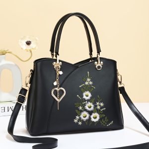 Fashion Heart Decor Crossbody Bag, Flower Embroidered Shoulder Bag, Women's Simple Casual Handbag & Purse