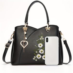 Fashion Heart Decor Crossbody Bag, Flower Embroidered Shoulder Bag, Women's Simple Casual Handbag & Purse