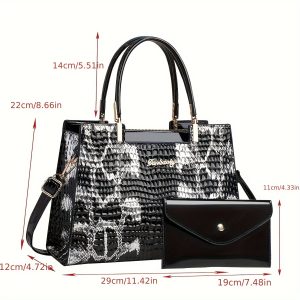 Chic Animal Print Women's Handbag Set - Faux Leather Tote with Adjustable Strap, Zip Closure & Matching Clutch in Multiple Colors, for Autumn, Spring