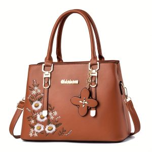 Luxurious Floral Embroidered Tote Handbag - Spacious PU Leather Shoulder Bag with Detachable Strap, Large Capacity, Stylish and Elegant Design for Women