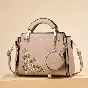 Glam Style Top-Handle Handbag for Women, Faux Leather Embroidered Floral Pattern, Elegant Occasion Bag with Zipper Closure, Polyester Lined, Edge Paint Detailed, Includes Wristlet Accessory – Diverse Colors