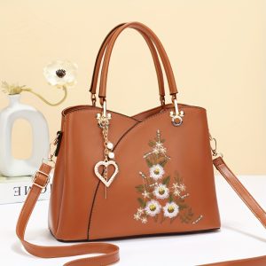 Fashion Heart Decor Crossbody Bag, Flower Embroidered Shoulder Bag, Women's Simple Casual Handbag & Purse