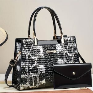 Chic Animal Print Women's Handbag Set - Faux Leather Tote with Adjustable Strap, Zip Closure & Matching Clutch in Multiple Colors, for Autumn, Spring