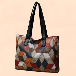 Chic Women's Large Capacity Tote Bag - Colorblock Plaid, Faux Leather with Zip Closure, Perfect for Daily Commute & Shopping