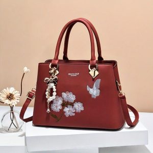 Elegant Embroidered Floral Women's Crossbody Bag - Fashionable Faux Leather Shoulder Purse with Zip Closure, Polyester Lined