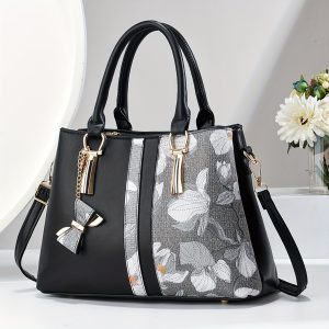 Chic Floral Print Tote Bag for Women - Spacious 3-Layer Design with Pockets, Zip Closure, Durable PU Material - Available in Khaki, Cream, Green, Blue, Black