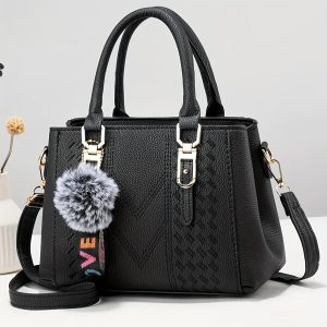 Elegant Pom-Pom Charm Tote Handbag - Multi-Layer Design, Embroidered Faux Leather, Shoulder & Crossbody Purse with Adjustable Strap, Stylish Date and Party Accessory - Perfect for Fashionistas