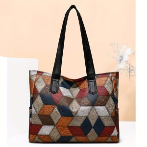 Chic Women's Large Capacity Tote Bag - Colorblock Plaid, Faux Leather with Zip Closure, Perfect for Daily Commute & Shopping