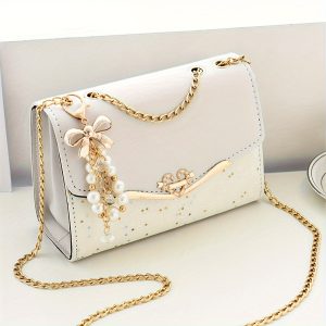 Fashion Polka Dot Beige PU Shoulder Bag with Tassel Charm, Urban Themed Flap-Over Crossbody with Buckle Closure and Metal Chain Strap, Lightweight Portable Handbag for Women, Ideal for Shopping, Office, University, Travel, Casual Outings - Perfect Gift for Family, Mother, Lover, Friends